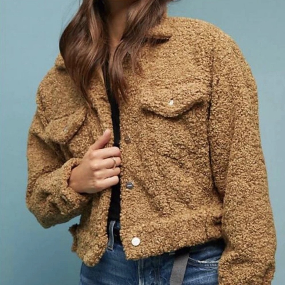 Anthropologie Capulet Aiden Trucker Jacket Cropped Teddy Sherpa Camel Size XS